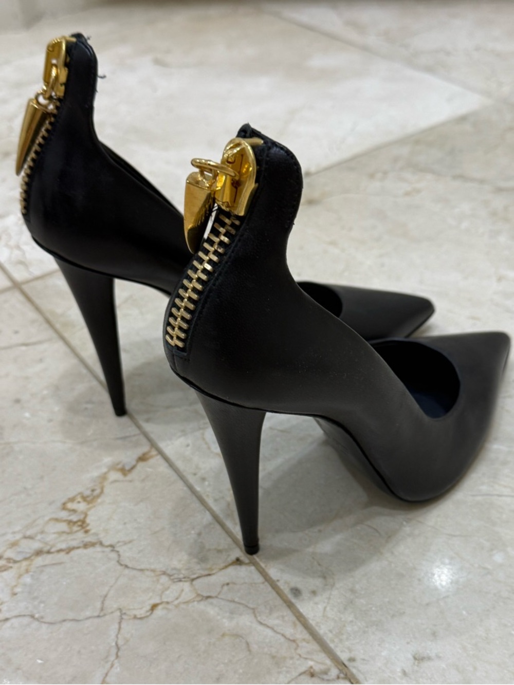 Giuseppe Zanotti Black Pointed-Toe Stiletto Pumps with Gold Back Zipper